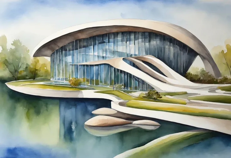 This image features a modern architectural structure by a body of water, possibly a river or lake. The building has a distinctive, futuristic design with a curved, wave-like roof that is reminiscent of a shell or a blooming flower. It is surrounded by a la...