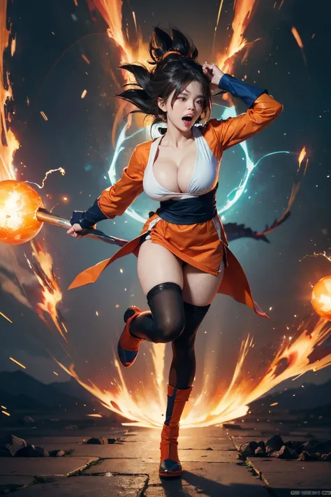 ((best quality)), ((masterpiece)), (detailed), perfect face, ((best quality)), ((masterpiece)), (detailed), perfect face, Big tits, asian girl, dragonball style, beatyful face, energie aura around a girl, goku, dragon ball, orange clothes, power, screaming...