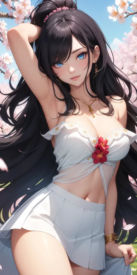 She is very beautiful and has perfect medium breasts, ((long black wavy hair, hair over one eye)) light blue eyes (detailed background), detailed landscape, 1girl, solo, looking at viewer, smile, skirt, shirt, neckline, bare shoulders, jewelry, collarbone,...