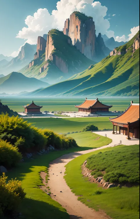 A great Chinese landscape background plains with no building in the picture along with plants greenery in the surrounding.