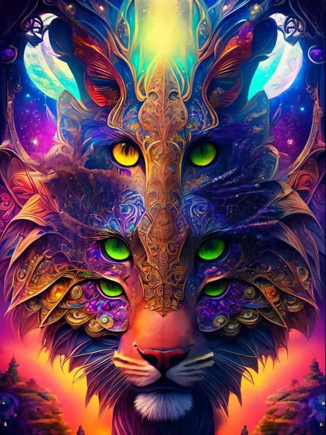 only a big Furry face in center in a psychedelic and surreal spiral world, ultra-detailed, with vibrant colors and lighting effects, creating a masterpiece with 8k and 4k resolution. Furry is depicted with intricate details, merging with the surroundings s...