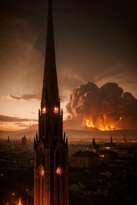 A tall spire towering over a sprawling medieval city in Hell. A red, fiery sky. Cloudless sky. Fires burning below. Highly detailed.