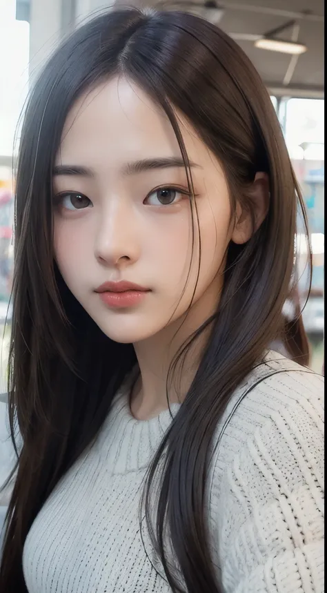 Photorealistic, masutepiece, Best Quality, Raw photo, selfee、1girl in, Solo, Long hair, Brown hair, Detailed face, alluring face, Sweater that kills virgins, medium breasts, Dynamic Pose, Looking at Viewer, From below, Detailed background, fine detailed, i...