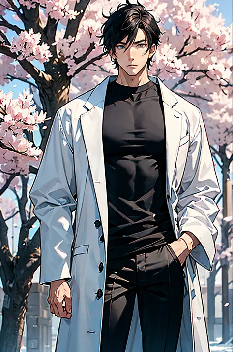 1man,((male)),manhwa character,casual clothes,black hair,very short hair,combed back hair,black t shirt,white muffler,blue eyes,manly,well built,young,handsome,tall,muscular,long coat,winter clothes,oversized clothes,sunny day,trees,plants,flowers,cherry b...