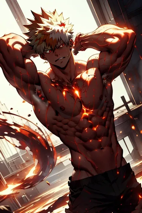 hands behind head, masterpiece, best quality red eyes, game cg, 1boy naked and V-Line sweating, solo, male focus, (looking at viewer), upper body sweating, bakugo katsuki, yellow hair, red eyes, shirtless naked, toned muscle sweating, pectorals, 8 abs, ton...