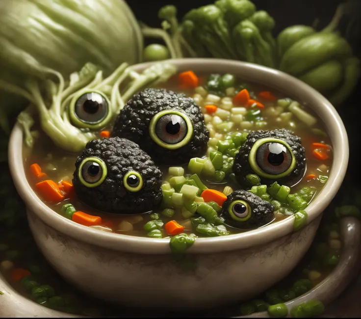 closeup angle of an incredibly cute vegetable creatures with big dramatic eyes, (in a soup bowl), a detailed painting, cgsociety, detailed painting, artstation hd, high detail, cgsociety, photorealism, concept art, artstation hd, official art