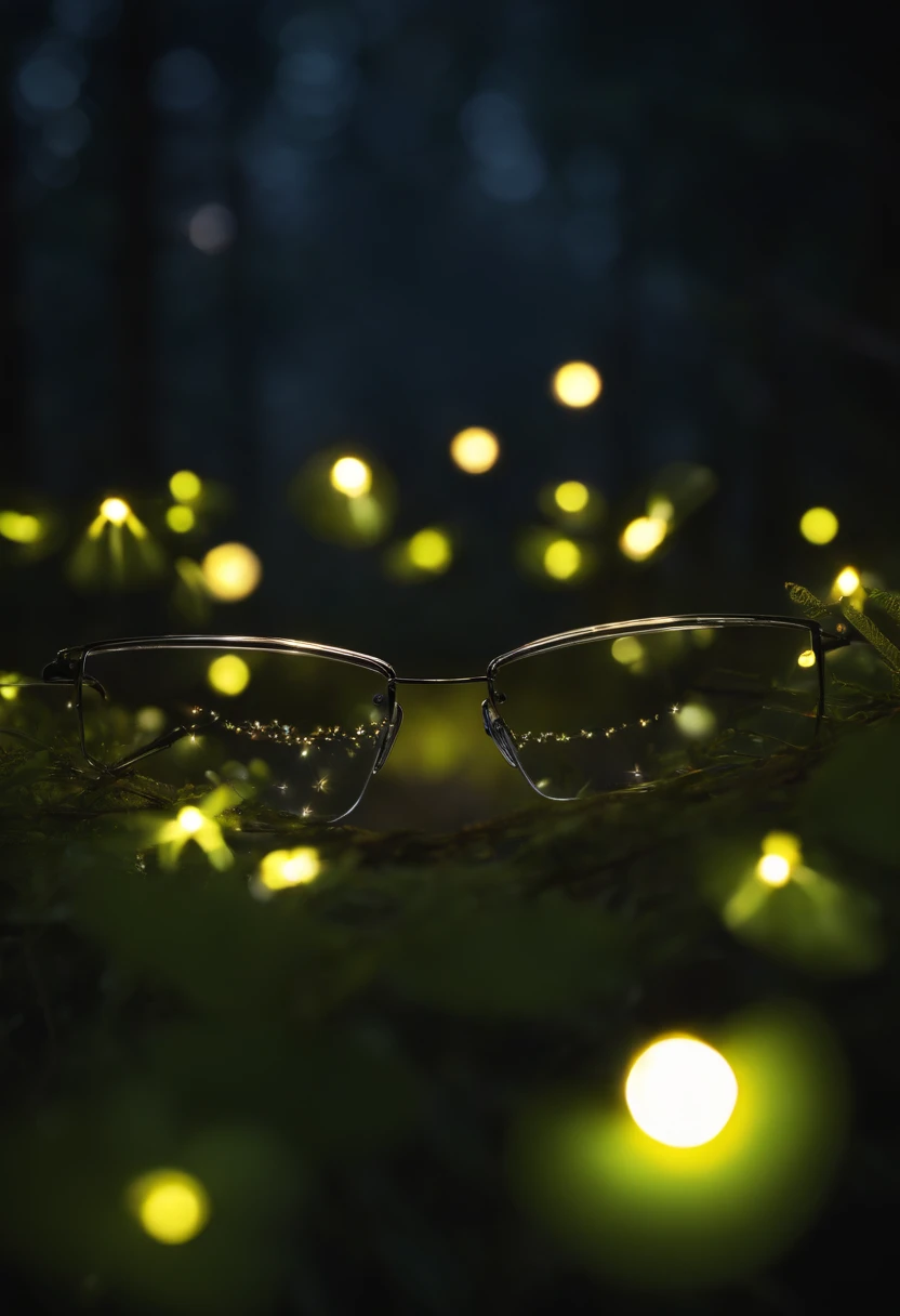 ButterflyEffect capturing a mesmerizing shot of a group of fireflies lighting up the night sky in a forest.,original,ButterflyEffect has long hair and wire rim glasses. He has a hook nose and bright green eyes., male