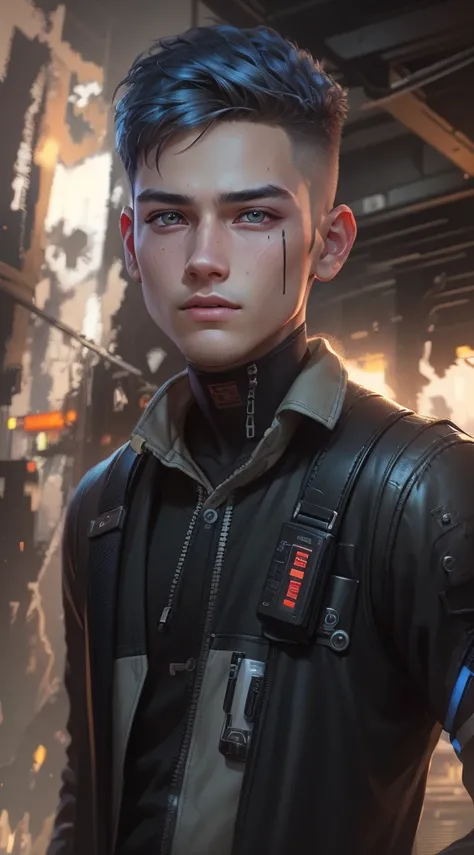 ((best quality))) (((HD))) (((8k))) (character) 20-year-old boy, Highly detailed facial and skin texture, A detailed eye, change background cyberpunk, nice colour