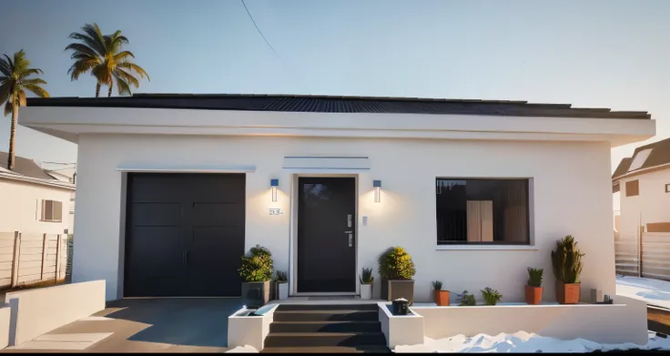 Drone view of a modern and simple house, vivid white color, in the middle of the forest, with the built-in roof, flat roof, with a single floor, with a garage, a door and a window in the front, concrete entrance in front of the garage and door, verdant gar...