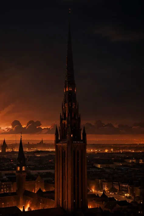 A tall spire towering over a sprawling medieval city in Hell. A red, fiery sky. No clouds. Dark as night except for the fires burning below. Highly detailed.