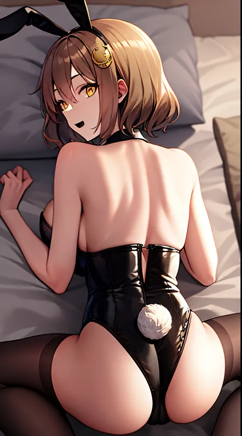 laying on stomach, bent down, spread legs, beyond cancer, turned around,, lying on the bed, lies on back, ass up,, back view, best quality, ultra detailed,,1girl, solo, nikkeani, cross-eyed, short_hair, open_mouth, big_breasts, brown_hair, hair ornament, ,...