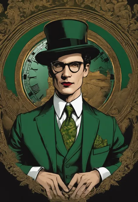 A vintage pocket watch with intricate engravings and a mysterious ticking mechanism,Batman,Ed is tall with neat black hair, glasses, wears a green suit, wears a bowler hat, famously portrayed by Cory Michael Smith, male