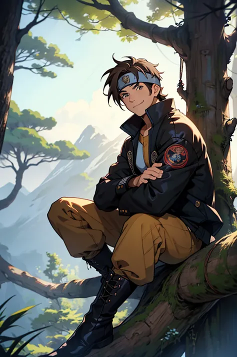 A European looking guy with messy straight brown hair, named Ryo, Handsomer, High quality picture, With Naruto blue headband With japanese symbol, wearing black jacket, 4K, sitting inside treehouse, both eyes clear, looking happy, not too masculin, wearing...