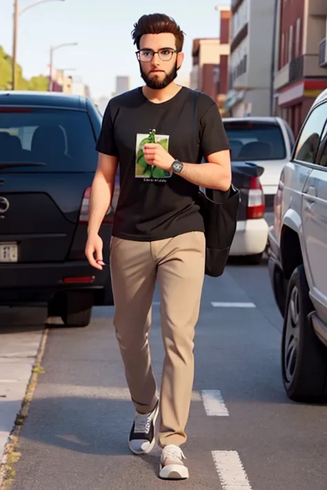 25-year-old man, black hair, beard, green eyes, prescription glasses, black t-shirt, gray watch, beige pants, white sneakers.