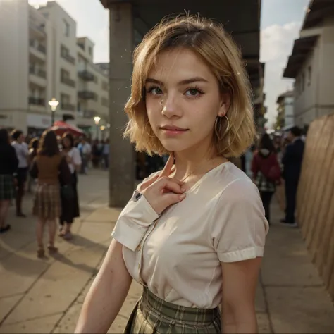 Woman posing in the schoolyard、Highest quality, 1 woman、day、Luminous、blur backgroun、Bokeh DOF、outside the house、(street:0.8)、(one person々、Large crowds:1、A slender、woman school, Clothes that fit perfectly to the body、White collar shirt、short sleeves、（Pleate...