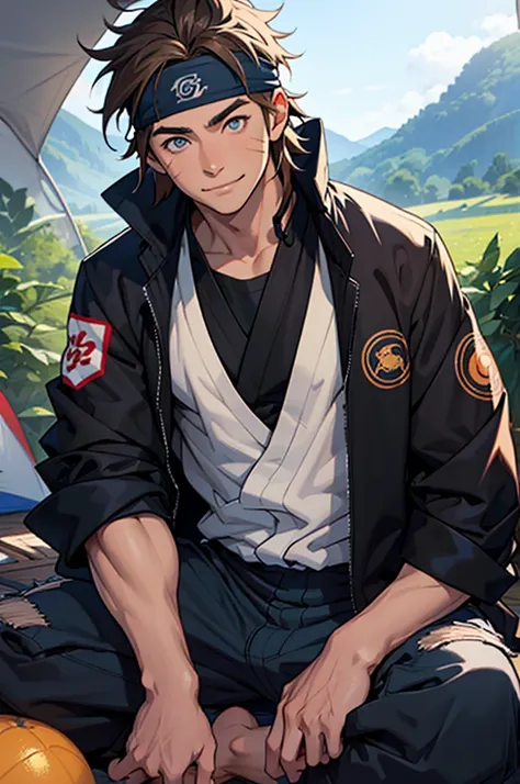 A European looking guy with messy straight brown hair, named Ryo, Handsomer, High quality picture, With Naruto blue headband With japanese symbol, wearing black jacket, 4K, sitting inside a tent, both eyes clear, looking happy, not too masculin, wearing lo...