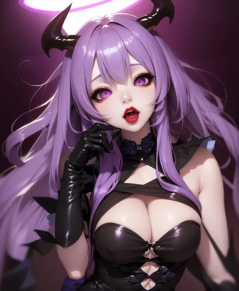 (ahegao) Anthropomorphic PURPLE hair goat as demon woman, PURPLE ponytail hair, BLACK halo, black soft horns, Hand towel, bright LILAC roko lipstick, Anime girl with PURPLE hair and horns sitting on the floor., from Arknights, rias gremory, small curvy lol...