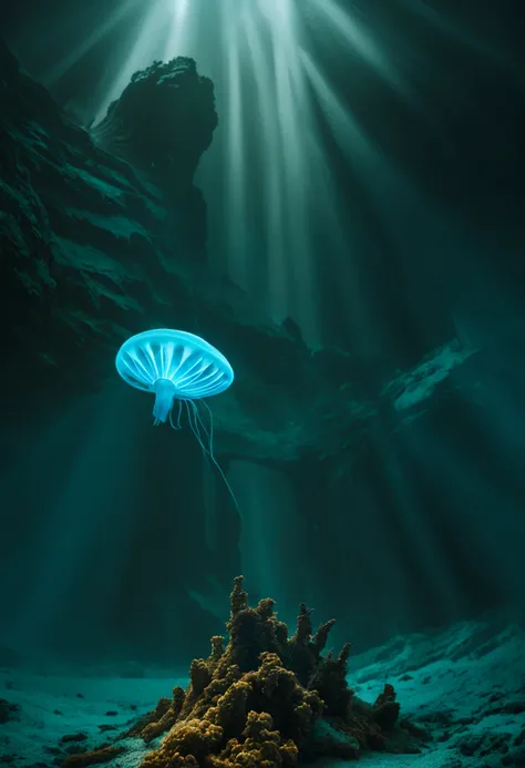 Create a mesmerizing underwater world that combines the elegance of marine life with the futuristic allure of advanced technology. Picture bioluminescent jellyfish gracefully floating around an ancient, submerged city ruins, where beams of ethereal light i...