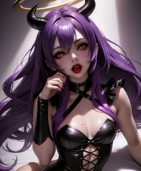 (Ahegao) PURPLE haired anthropomorphic goat as demon woman, Pelo de cola de caballo morado, Halo negro, cuernos suaves negros, Toalla de mano, bright lilac roko lipstick, Anime girl with PURPLE hair and horns sitting on the floor., de Arknights, rias gremo...