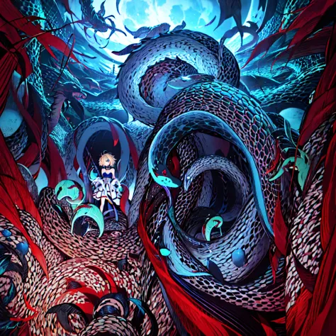 Takashi Takeuchi style, ((1girl:1.4)), (solo:1.4), (wantun-tentacles,tentacles,tentacle sex:1), big tentacle, giant tentacle, (his trunk is a huge tentacle:1.5), (big tentacle sneak around:1.5), (giant coiling snake machine:1.5), (tentacle is surrounding t...