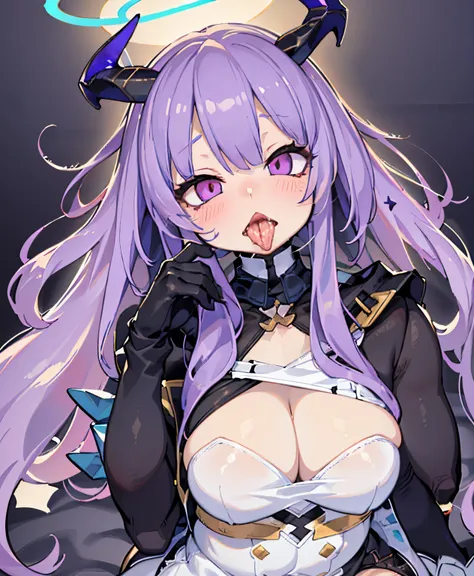 (Ahegao) PURPLE haired anthropomorphic goat as demon woman, Pelo de cola de caballo morado, Halo negro, cuernos suaves negros, Toalla de mano, bright lilac roko lipstick, Anime girl with PURPLE hair and horns sitting on the floor., de Arknights, rias gremo...