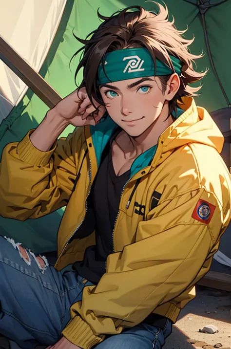 A European looking guy with messy straight brown hair, named Ryo, Handsomer, High quality picture, With Naruto blue headband With japanese symbol, wearing cool jacket,4K, comfy inside a tent, both eyes clear, looking happy, not too masculin, wearing long p...