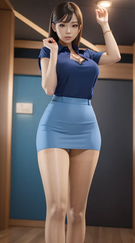 Elegant upper class elite secretary wearing blue business shirt, at park, Wear pantyhose、Wear high-end high heels、 girl in blue shirt,, merchant, Wearing a tight blue shirt and a tight miniskirt, young woman wearing blue tight shirt, Original full body pho...