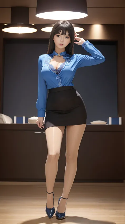 Elegant upper class elite secretary wearing blue business shirt, at park, Wear pantyhose、Wear high-end high heels、 girl in blue shirt,, merchant, Wearing a tight blue shirt and a tight miniskirt, young woman wearing blue tight shirt, Original full body pho...