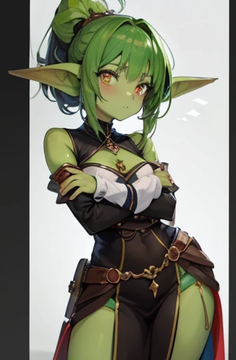 An adorable goblin girl with vibrant green skin and green ombre hair transitioning from dark to light green. She has striking red eyes and her skin tone is a lovely shade of green. She is dressed as both an adventurer and a merchant, reflecting her diverse...