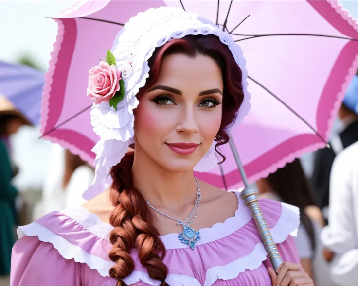 there is a lady, mulher, pixar, disney, rose, in a pink dress and hat holding an umbrella, Senhora Vitoriana, Uma bela mulher vitoriana, donzela bonita, wearing clothes from the 1840s, wearing 1850s era clothes, vestindo roupas 1 8 5 0 s era, traje estilo ...