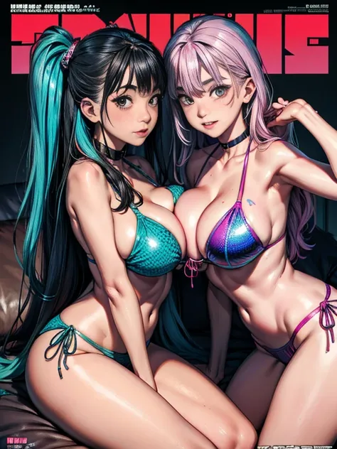 summer bikini, rainbow hair, magazine cover, poster art , adding to the spine-tingling atmosphere, bold huge text, matted design layout. Squeezing belly, all in bikini, Holographic Horizons, 2 girls