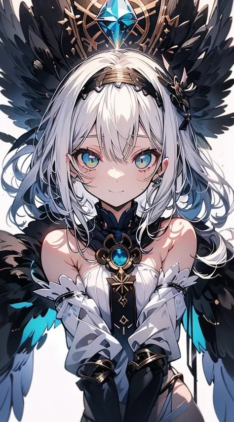 anime illustrated、Moe、white  hair、curlyhair、short-hair、Blue Mesh、Gray owl feathers from the waist、forest wood deck、a beauty girl、Golden Eyes、thick thight、Black headband、Model body type、Cuffs、Black knee socks、Purple tie、Green Jewelry、Archaic Smile、超A high r...