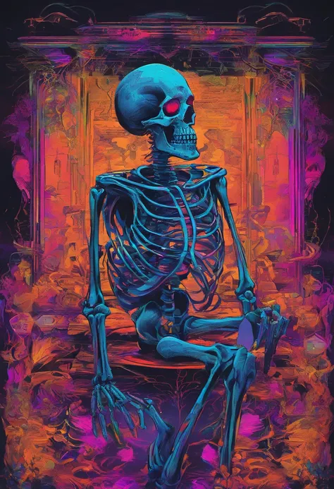 （Black light art：1.4），skeleton head，Glow effects，high saturated，hight contrast，Vibrant colors，mysterious hallucination，hyper realisitc，ultra real photo，ultra - detailed，ultraclear，hyper-detailing，tmasterpiece