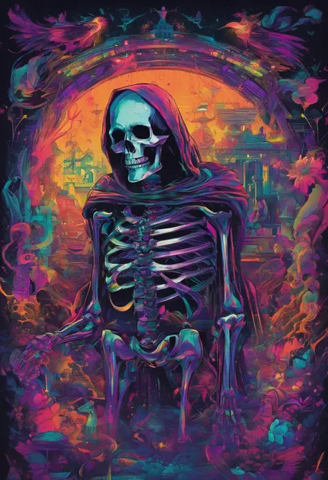 （Black light art：1.4），skeleton head，Glow effects，high saturated，hight contrast，Vibrant colors，mysterious hallucination，hyper realisitc，ultra real photo，ultra - detailed，ultraclear，hyper-detailing，tmasterpiece