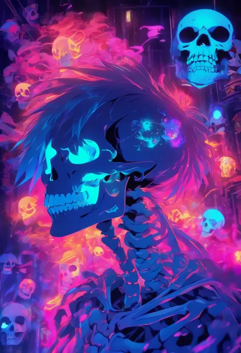 （Black light art：1.4），skeleton head，Glow effects，high saturated，hight contrast，Vibrant colors，mysterious hallucination，hyper realisitc，ultra real photo，ultra - detailed，ultraclear，hyper-detailing，tmasterpiece