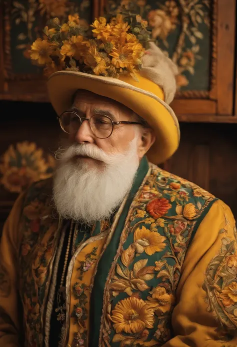 A photo of a beautifully carved wooden dresser with hand-painted floral motifs.,original,He has a long white beard and is close to 70 years old. He wear wore rimmed glasses and a yellow safety hat at all times, male