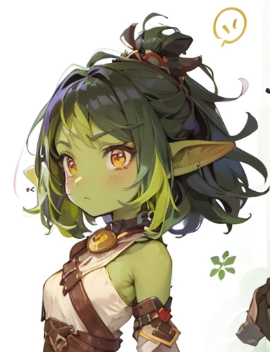 An adorable goblin girl with vibrant green skin and green ombre hair transitioning from dark to light green. She has striking red eyes and her skin tone is a lovely shade of green. She is dressed as both an adventurer and a merchant, reflecting her diverse...