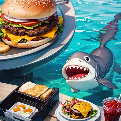 Shark eating a cheeseburger