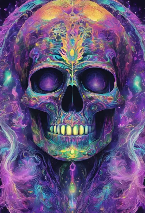 （Black light art：1.4），skeleton head，Close-up strengthened，The eyes are sharply focused，glowing effect，high saturated，hight contrast，vibrant with colors，mysterious hallucination，hyper realisitc，ultra real photo，ultra - detailed，ultraclear，hyper-detailing，tm...