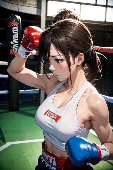 (8K), (Best Quality), (masutepiece: 1.2)　sexy female boxer punches a punching bag。。　(Side view)