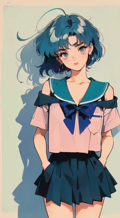 ((((blue haired girl with blue eyes, Sailor Mercury!!!!!!!!, Retro anime girl , Sailor Moon Esthetics, animated vintage colors，VaporWave style,90s anime style,Has the style of folk portraiture.，Retro Style Poster,Chicano-inspired retro fashion，renaissance,...