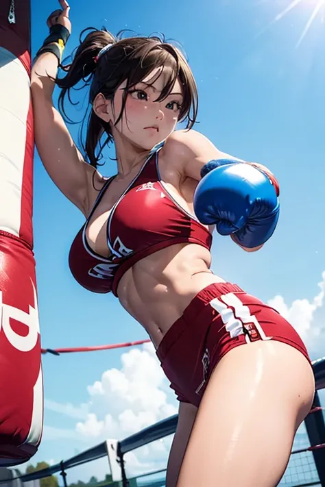 (8K), (Best Quality), (masutepiece: 1.2)　sexy female boxer punches a punching bag。。。　(View from below)