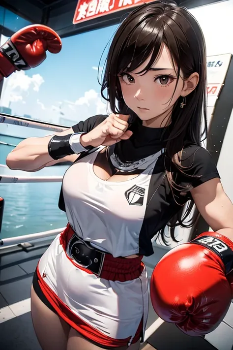 (8K), (Best Quality), (masutepiece: 1.2)　sexy female boxer punches a punching bag。。。　(View from below)