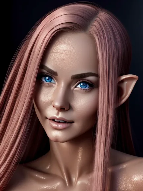 realistic elf woman, very detailed faces, full body, NSFW, red blush, blushing, slim abdomen: 1.2, detailed eyes, sexy, undressed, naked, open mouth, wet body,