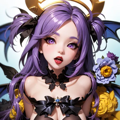 (Ahegao) PURPLE haired anthropomorphic goat as demon woman, Pelo de cola de caballo morado, halo negro, cuernos suaves negros, toalla de mano, bright lilac roko lipstick, Anime girl with PURPLE hair and horns sitting on the floor., de Arknights, rias gremo...