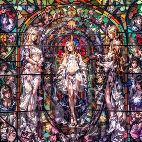 (stained glass Background, Masterpiece, White and vivid colors, (Exposed:1.2), (nipple:-0.9)), (9 sexy junior idols in row), ((face variations, Hair variations)), { Navel | Ass }, portrayed in the best quality and high resolution. The image should be ultra...