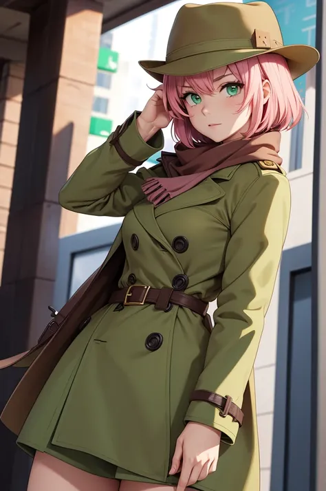 Anime Detective Woman, Pink Short hair, green eyes, brown trench coat, brown detective fedora, green scarf.