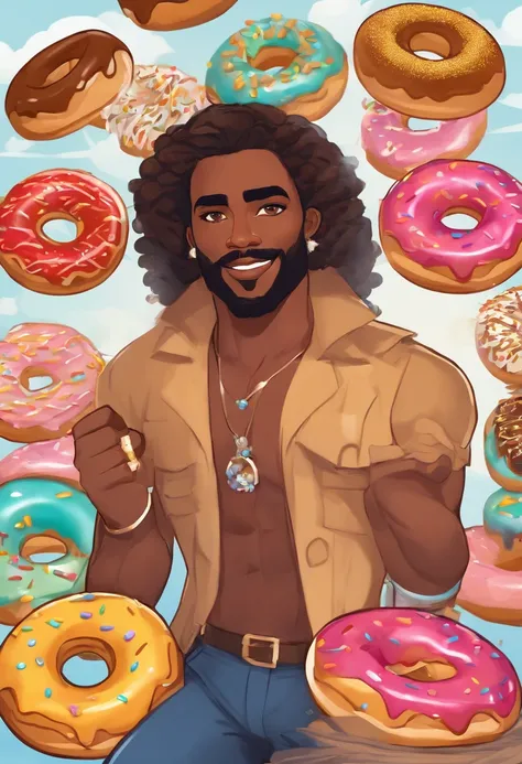 The image is a close-up of a colorful array of donuts, each uniquely decorated with vibrant icing and sprinkles.,original,((Character: William "Billy" Washington))
((Male + man))
((Hair: Shaggy + brown + messy))
((Facial features: big blue eyes + expressiv...