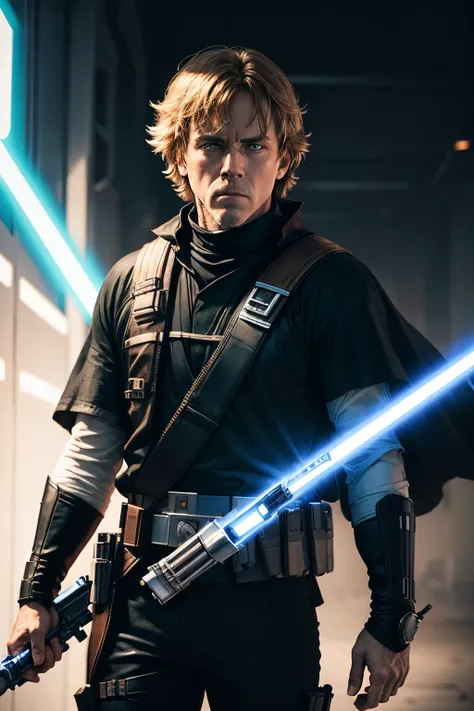 cinematic, photo, Luke Skywalker holding his lightsaber, stoic, close up shot, phantom high speed camera --ar 16:9 --v 5.2