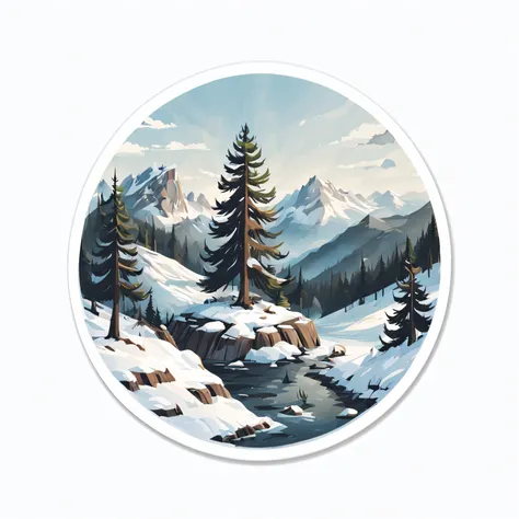 (Sticker),White background,(in circle), winter mountain with pine tree, ,Simple, Ultra detailed, Detailed drawing, vectorised, Silhouette, 8K, professional sticker design, Flat design, Vector lines, Sticker, Full-HD